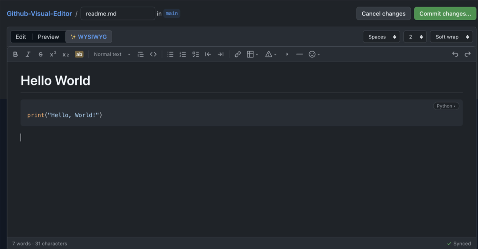 GitHub Markdown Visual Editor: GitHub's file editor with the WYSIWYG tab, formatting toolbar and a Python code block